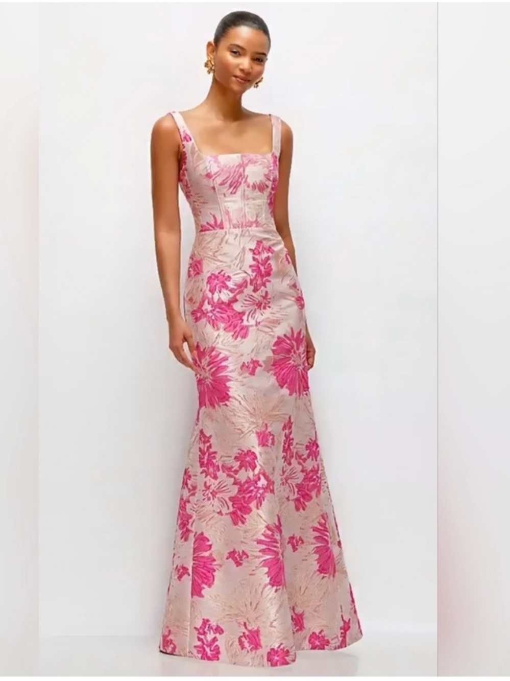 NEW Dessy collection Hibiscus Square Neck Trumpet Gown Pink Multi Size 6